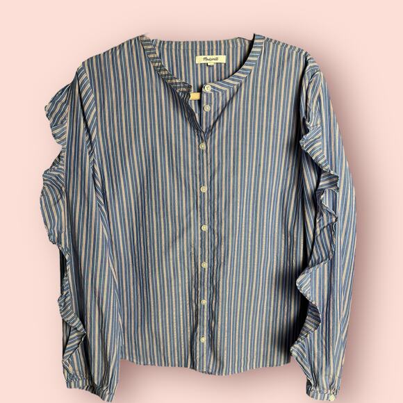 Madewell Striped Frill Long Sleeve Button-down Blouse Blue Red Size XL Top - Picture 1 of 4